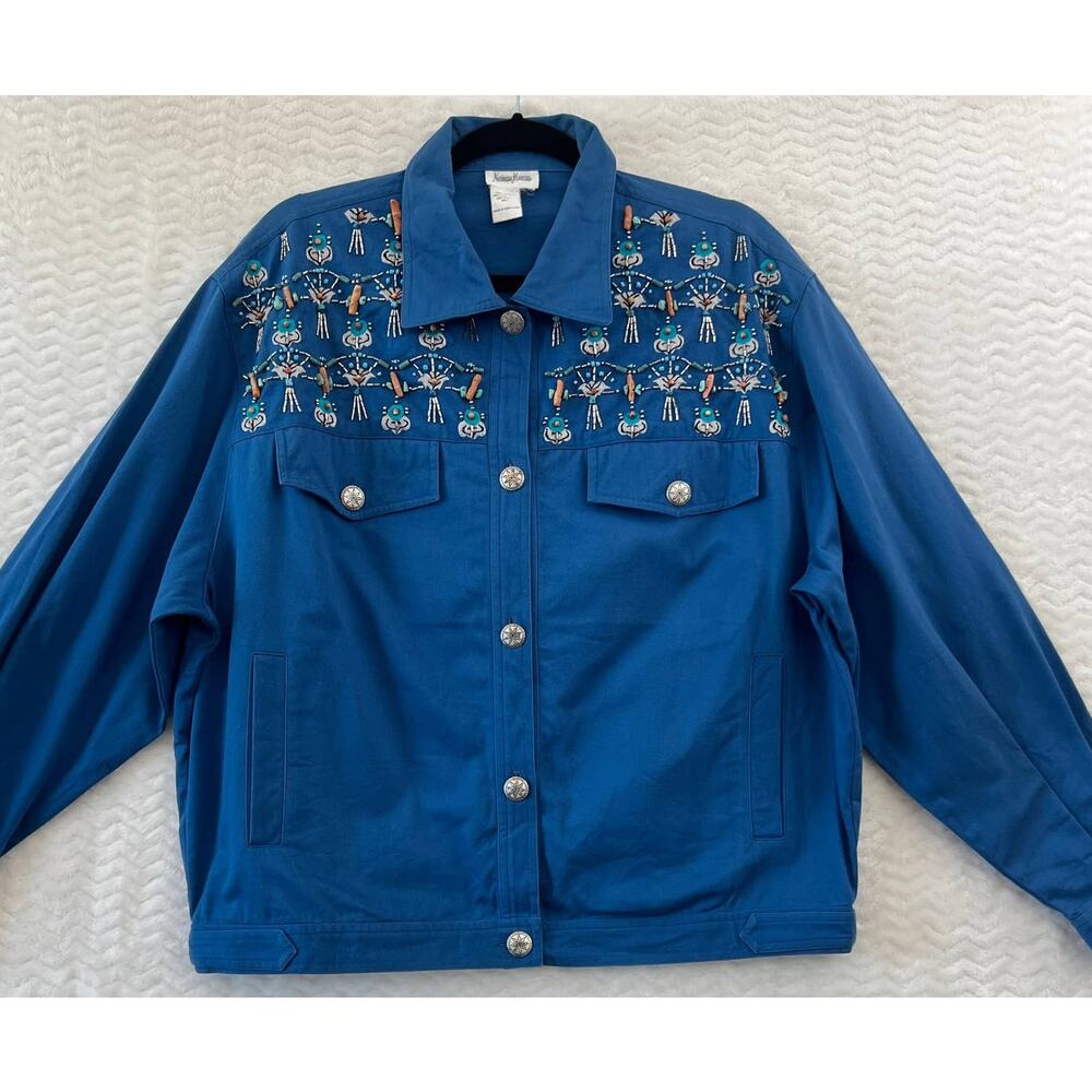 Neiman Marcus Blue Beaded Coral Turquoise Boho Southwestern Canvas Jacket Large